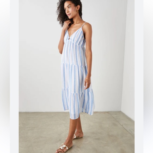 Rails Avril Dress Gibson Stripe Blue/ White Linen Midi Tiered Sundress NWOT - Picture 1 of 11
